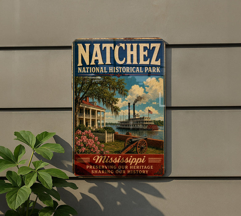 A vintage-style sign for Natchez National Historical Park, featuring a painting of a house, a river, and a steamboat, with the text "Mississippi" and "Preserving Our Heritage Sharing Our History" prominently displayed.