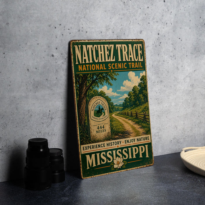 A vintage metal sign for the Natchez Trace National Scenic Trail, featuring a scenic landscape with a dirt road and trees.