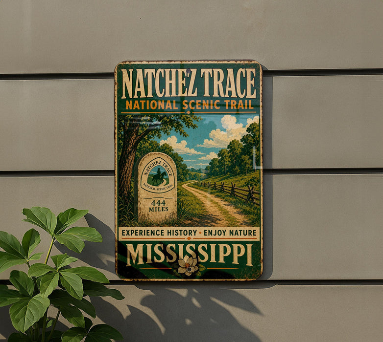 A vintage trail sign for the Natchez Trace National Scenic Trail, featuring a scenic landscape with a dirt path and trees.