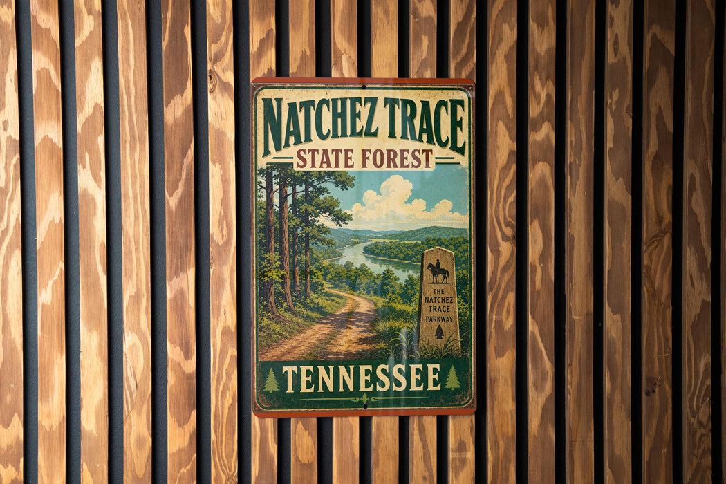 A vintage-style metal sign for the Natchez Trace State Forest in Tennessee, featuring a scenic landscape with a dirt path and a horse.