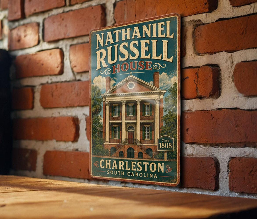 A vintage-style metal sign for the Nathaniel Russell House in Charleston, South Carolina, mounted on a brick wall.