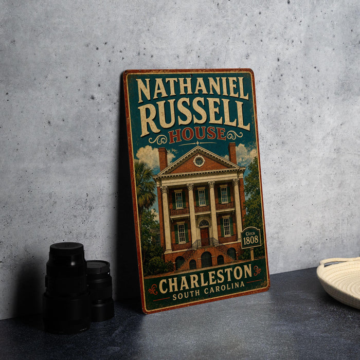 A vintage-style metal sign for Nathaniel Russell House in Charleston, South Carolina, featuring an illustration of the historic building.