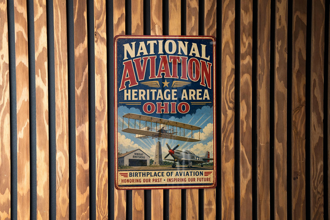 A vintage metal sign for the National Aviation Heritage Area in Ohio, featuring an illustration of a biplane and text promoting aviation heritage.