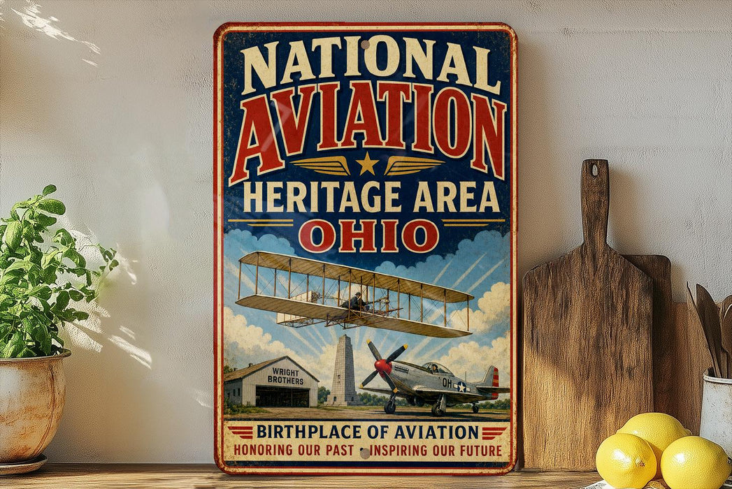 a vintage-style sign for the National Aviation Heritage Area in Ohio, with a biplane illustration and a barn in the background.