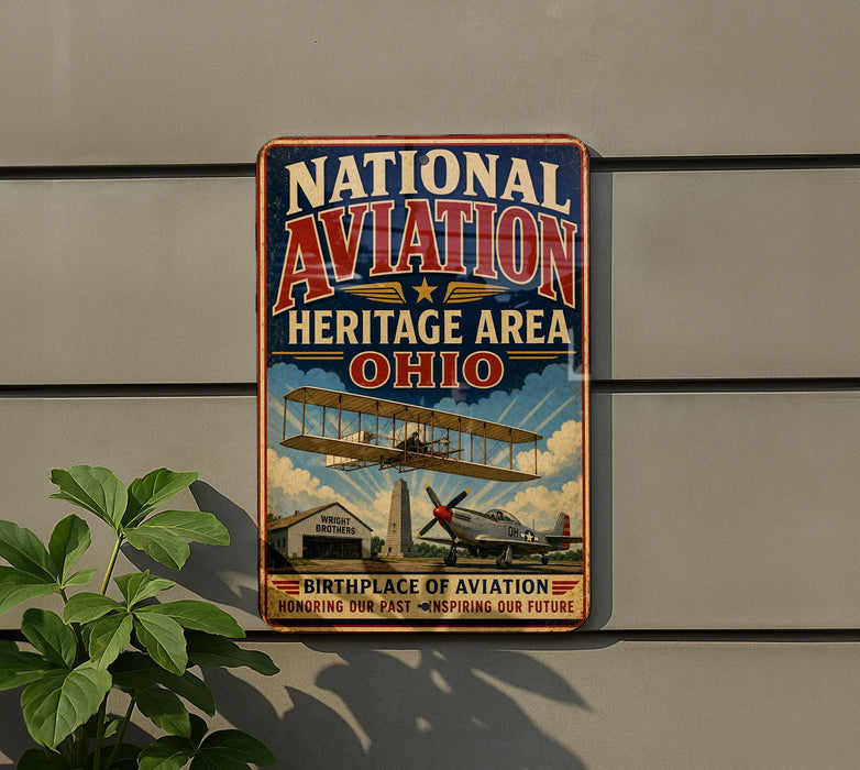 a vintage metal sign with the text "National Aviation Heritage Area Ohio" and an illustration of a biplane.