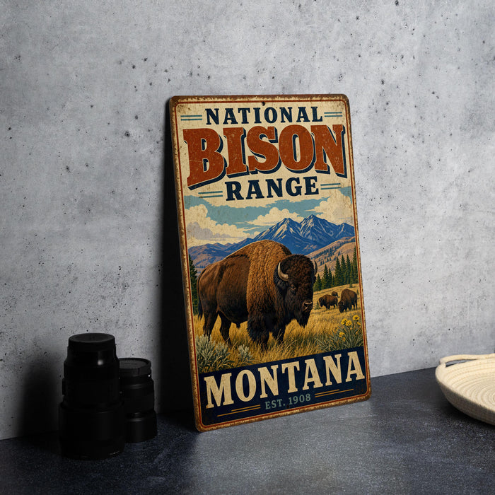 A vintage-style metal sign for the National Bison Range in Montana, featuring an illustration of a bison in a grassy field with mountains in the background.