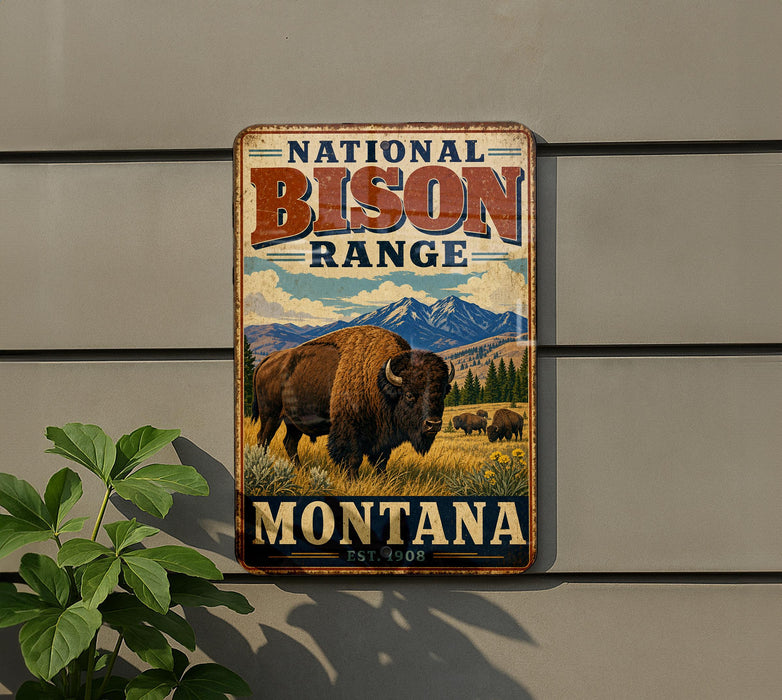 A vintage metal sign for the National Bison Range in Montana, featuring an illustration of a bison in a grassy field with mountains in the background.