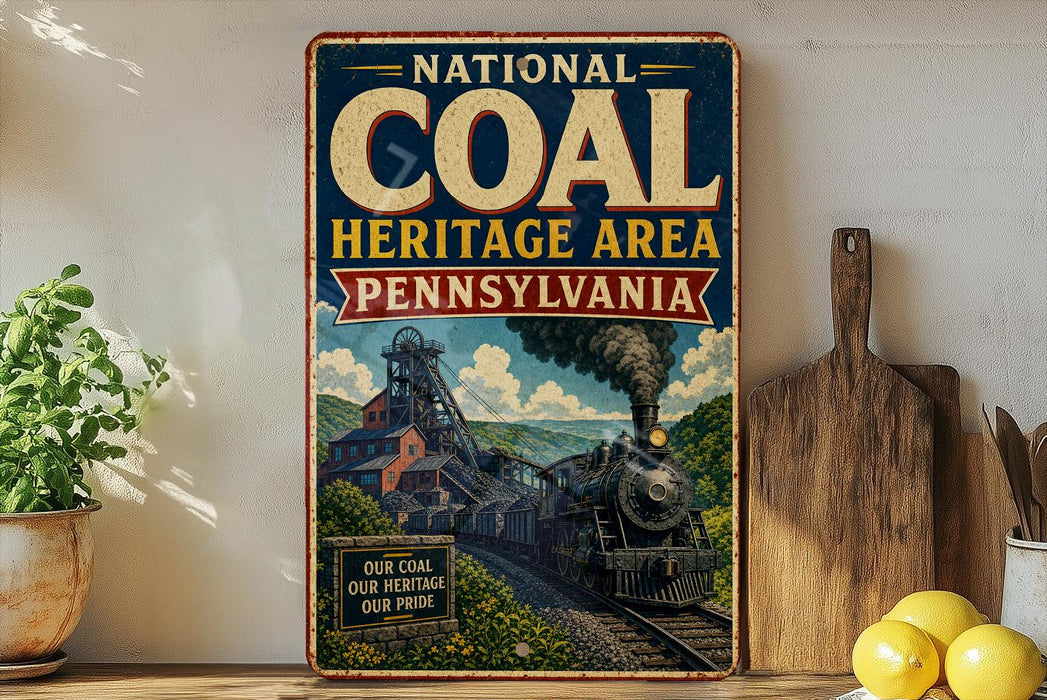 A vintage-style metal sign for the National Coal Heritage Area in Pennsylvania, featuring an illustration of a coal train and a scenic landscape.