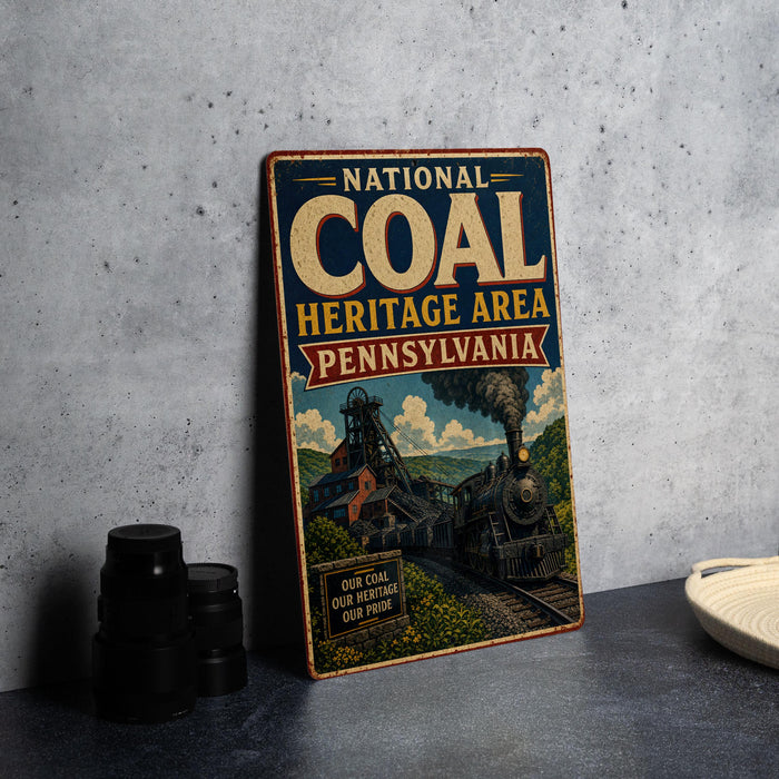 A vintage-style sign for the National Coal Heritage Area in Pennsylvania, featuring an illustration of a coal train and a scenic landscape.
