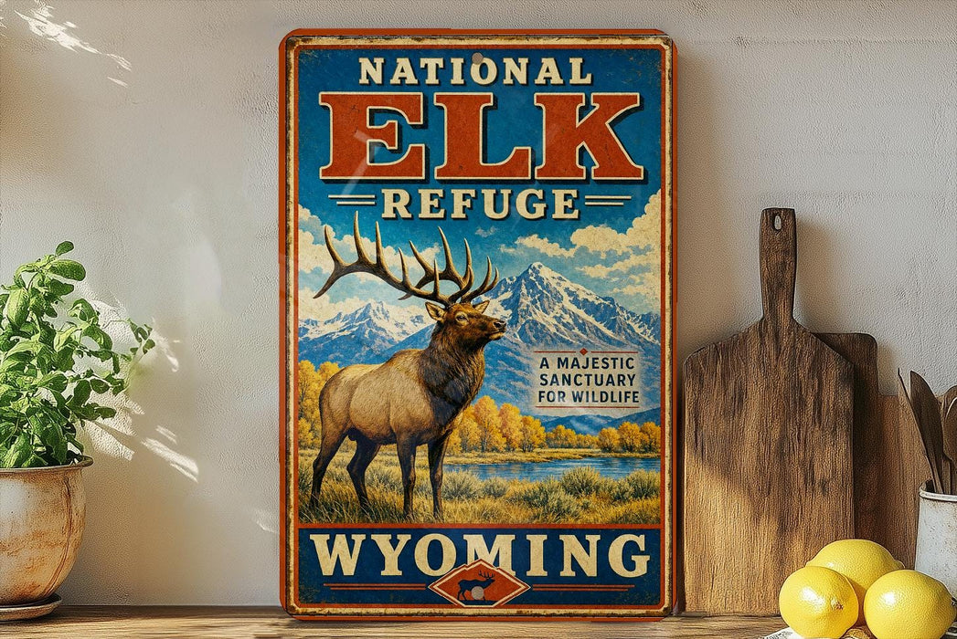A vintage-style sign for the National Elk Refuge in Wyoming, featuring an illustration of a majestic elk standing in a scenic landscape with mountains in the background.