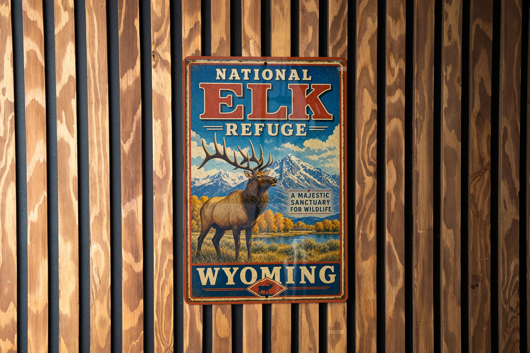 A vintage metal sign for the National Elk Refuge in Wyoming, featuring an illustration of a majestic elk standing in a scenic landscape with mountains in the background.
