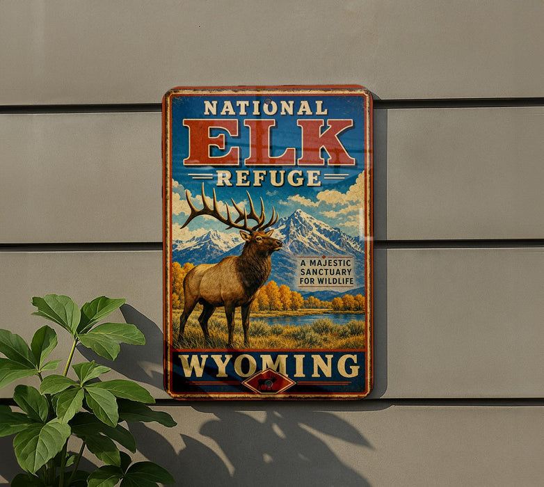 A vintage-style metal sign for the National Elk Refuge in Wyoming, featuring an illustration of a majestic elk standing in a scenic landscape with mountains in the background.