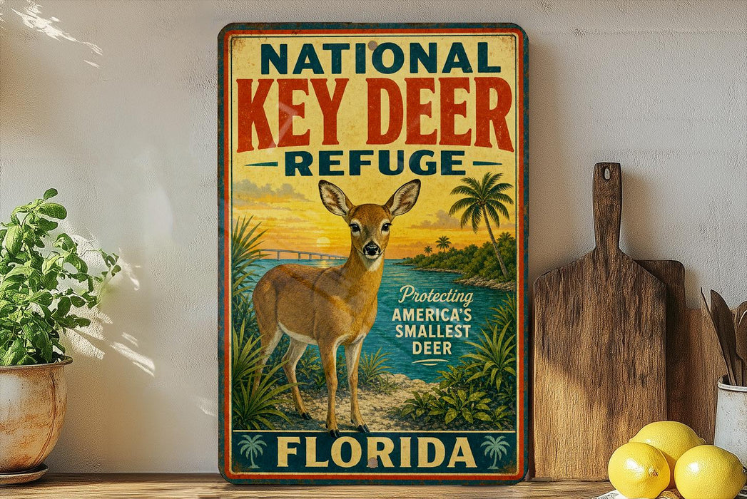A vintage-style sign for the National Key Deer Refuge in Florida, featuring an illustration of a deer in a tropical setting.