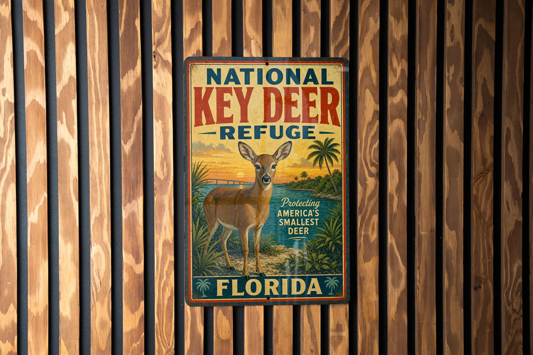 A vintage-style metal sign with the text "NATIONAL KEY DEER REFUGE" and an illustration of a deer standing in front of a tropical landscape.