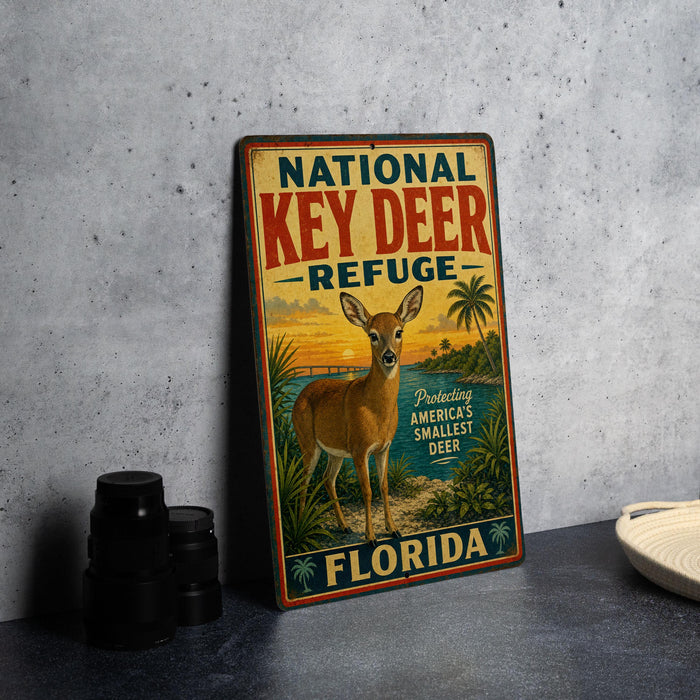 A vintage-style metal sign with the text "National Key Deer Refuge" and an illustration of a deer standing in a tropical setting.