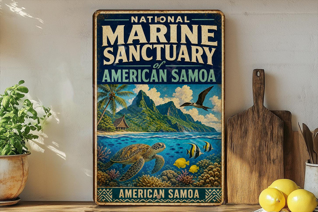 A vintage-style sign for the National Marine Sanctuary of American Samoa, featuring a tropical island landscape with a turtle, fish, and palm trees.