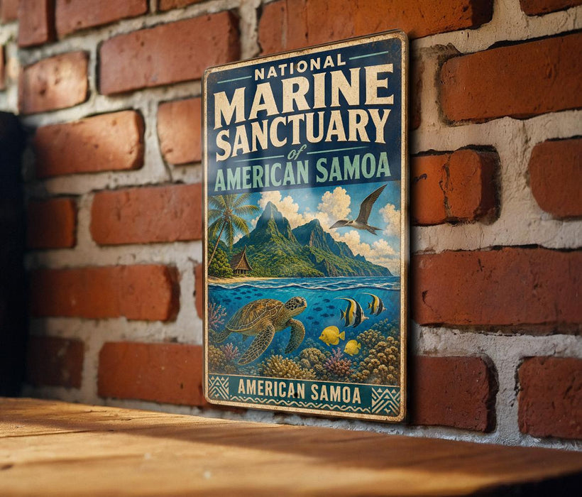 A vintage-style sign for the National Marine Sanctuary of American Samoa, featuring a tropical island landscape with a turtle, fish, and palm trees.