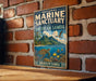 A vintage-style sign for the National Marine Sanctuary of American Samoa, featuring a tropical island landscape with a turtle, fish, and palm trees.