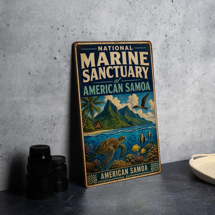 A vintage-style sign for the National Marine Sanctuary of American Samoa, featuring a tropical island landscape with a turtle swimming in the water.