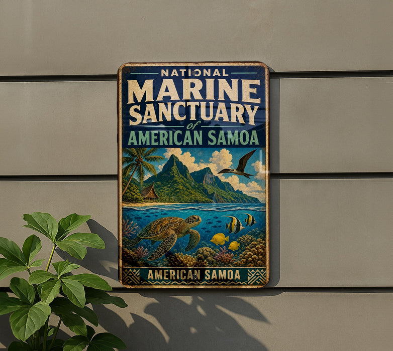 A vintage-style metal sign for the National Marine Sanctuary of American Samoa, featuring a tropical island landscape with a turtle, fish, and palm trees.