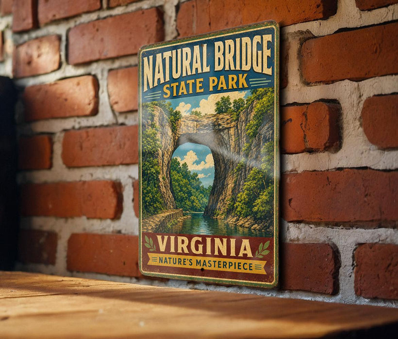 A vintage-style metal sign for the Natural Bridge State Park in Virginia, featuring a scenic landscape with a bridge and water.