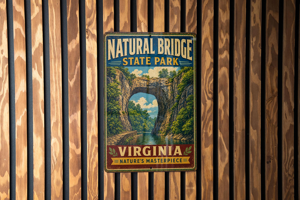 A vintage-style metal sign for Natural Bridge State Park in Virginia, featuring a scenic illustration of the bridge surrounded by lush greenery.