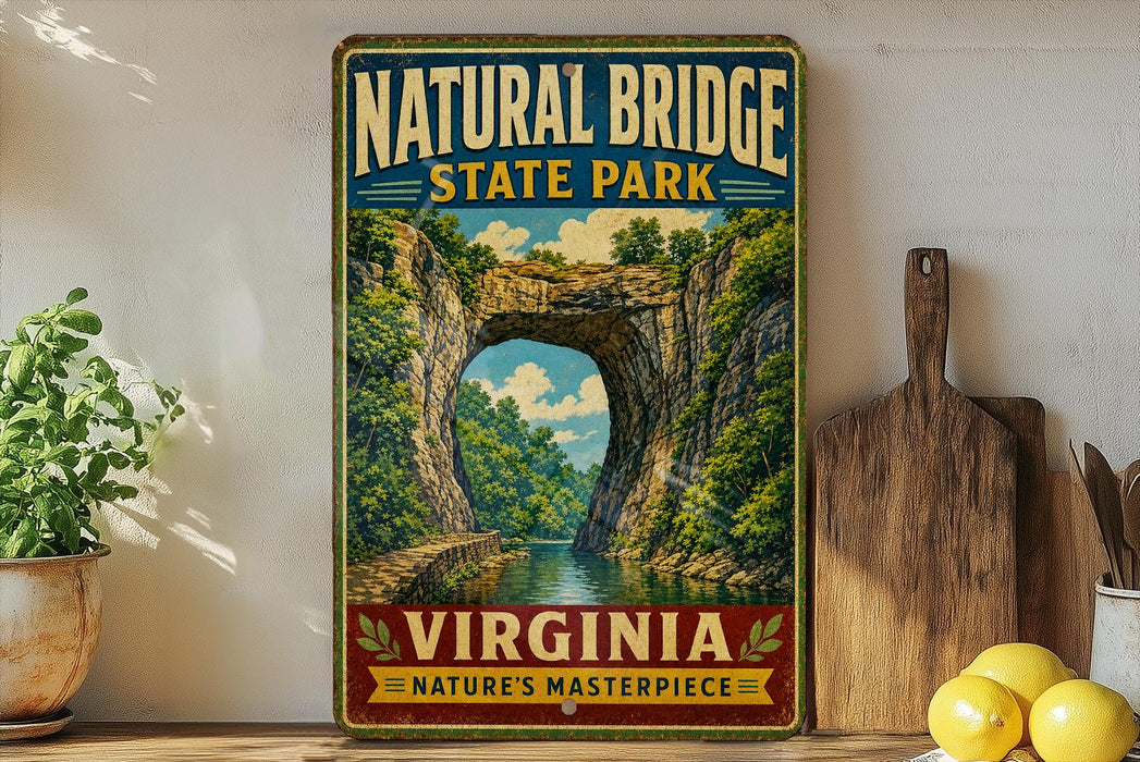 A vintage-style metal sign for Natural Bridge State Park in Virginia, featuring a scenic illustration of the natural arch.