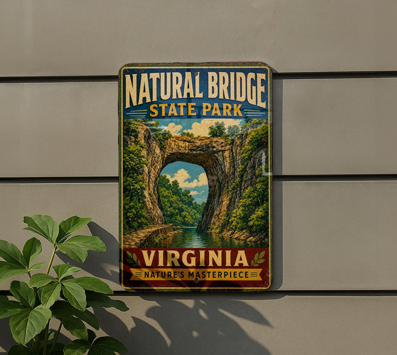 A vintage-style metal sign for Natural Bridge State Park in Virginia, featuring a scenic image of the bridge surrounded by lush greenery.