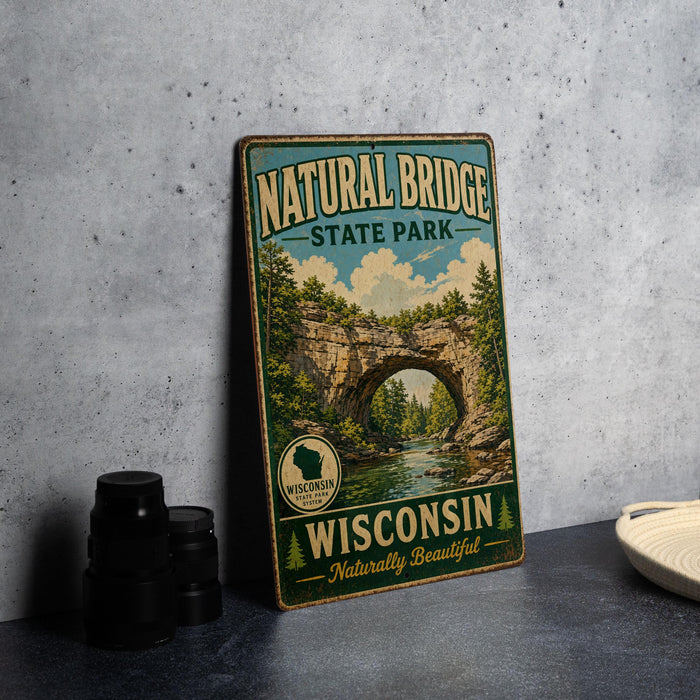 A vintage-style metal sign for Natural Bridge State Park in Wisconsin, featuring a scenic illustration of the bridge surrounded by trees and water.