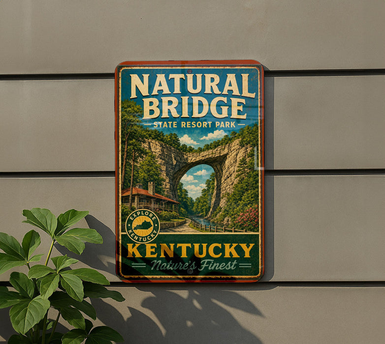 A vintage-style metal sign for Natural Bridge State Resort Park in Kentucky, featuring a scenic illustration of the bridge surrounded by lush greenery.