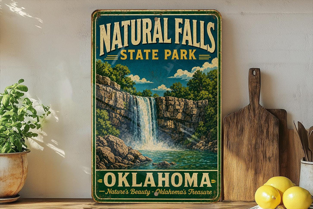 A vintage-style sign for Natural Falls State Park in Oklahoma, featuring a waterfall and lush greenery, is displayed on a shelf next to a wooden cutting board and some lemons.