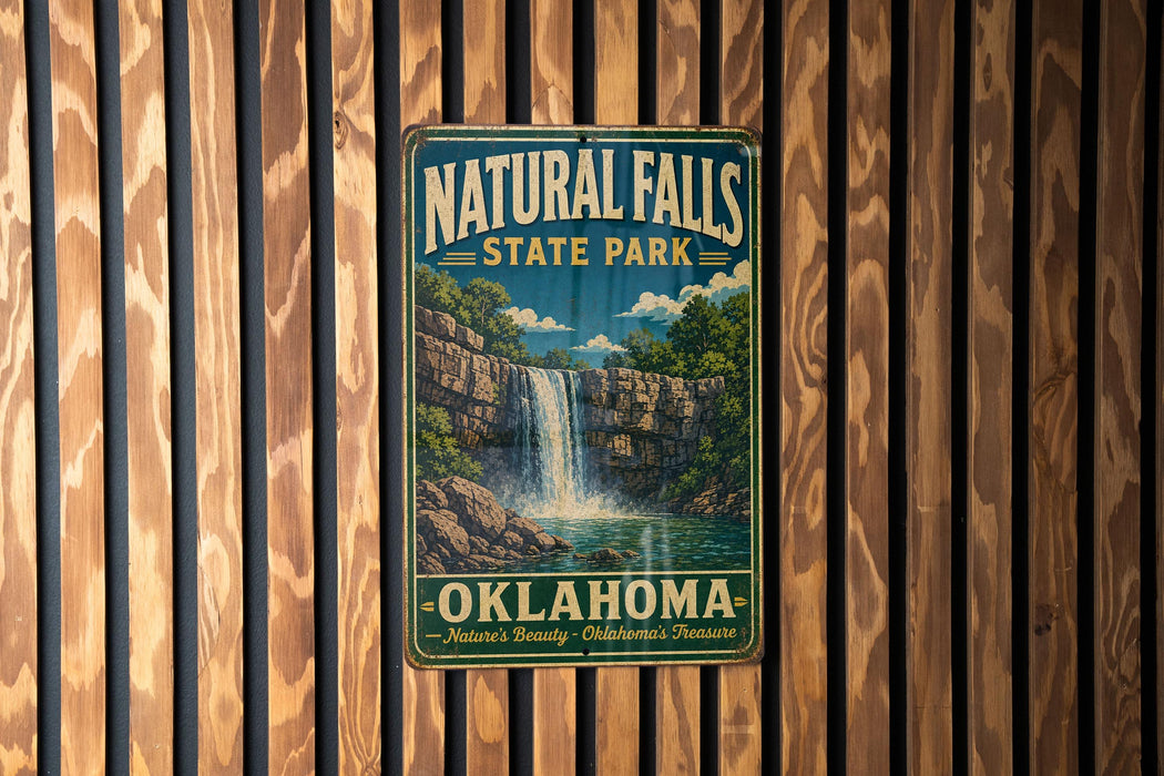 A vintage-style metal sign for Natural Falls State Park in Oklahoma, featuring a waterfall and lush greenery.