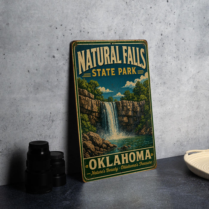 A vintage-style metal sign for Natural Falls State Park in Oklahoma, featuring an illustration of a waterfall surrounded by lush greenery.