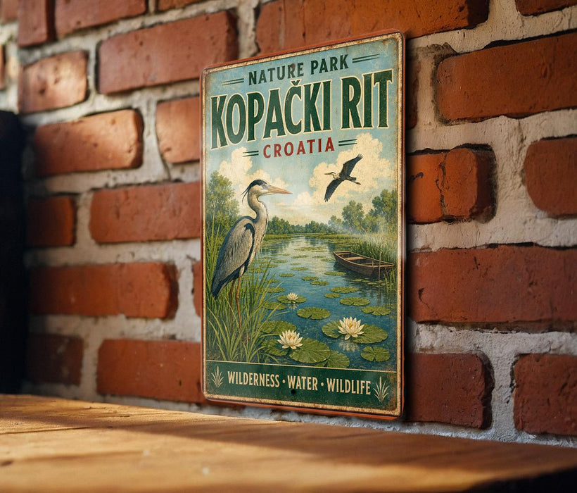 A vintage-style metal sign with a bird illustration and text, mounted on a brick wall.
