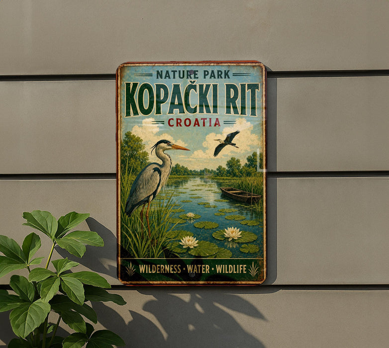 A vintage metal sign for "Kopacki Rit" in Croatia, featuring a heron and a boat on a lake surrounded by greenery.