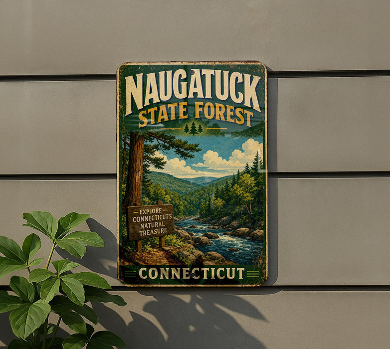 A vintage metal sign for the Naugatuck State Forest, featuring a scenic illustration of a forest and a river.