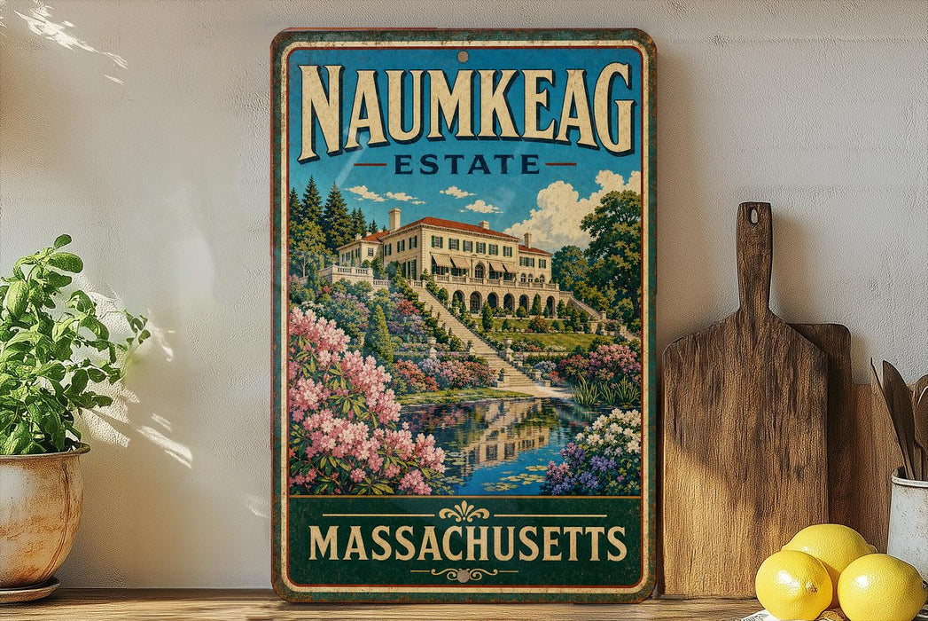 a vintage-style sign for the Naumkeag Estate in Massachusetts, with a painting of a house surrounded by flowers and a pond. The sign is displayed on a shelf next to a wooden cutting board and a potted plant.