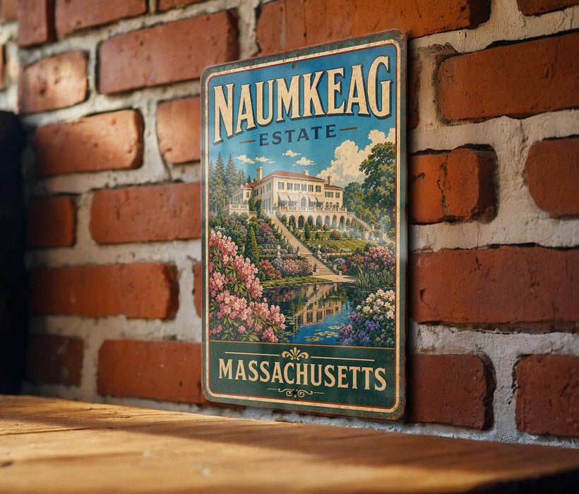 A vintage metal sign for Naimkeag Estate in Massachusetts, featuring a scenic illustration of a building surrounded by a garden and a pond.