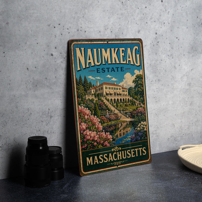 A vintage metal sign for the Naumkeag Estate in Massachusetts, featuring a colorful illustration of the estate surrounded by flowers and a pond.
