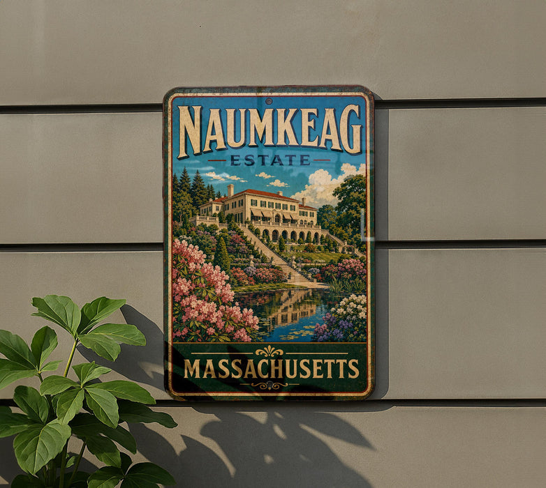 A vintage metal sign for Naumkeag Estate in Massachusetts, featuring a painting of a large building surrounded by lush gardens and a pond.