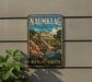 A vintage metal sign for Naumkeag Estate in Massachusetts, featuring a painting of a large building surrounded by lush gardens and a pond.