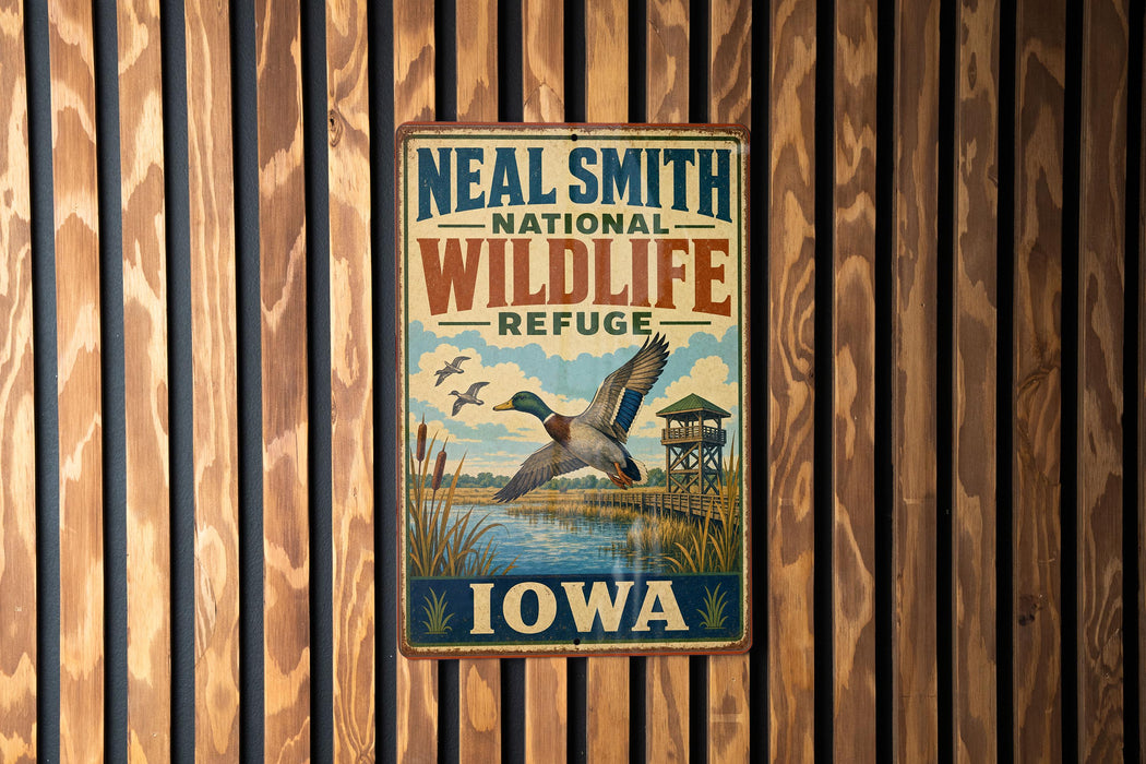 A vintage-style metal sign for the Neal Smith National Wildlife Refuge in Iowa, featuring a duck flying over a body of water and a small building in the background.