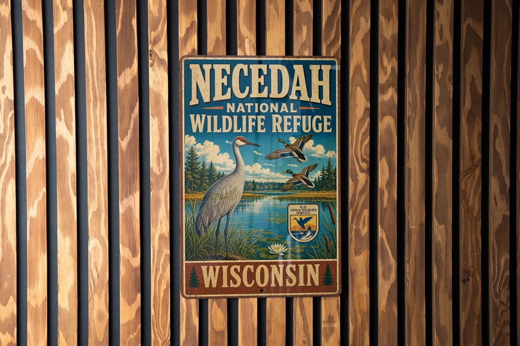 A vintage metal sign for the Necedah National Wildlife Refuge in Wisconsin, featuring an illustration of a bird and a lake.
