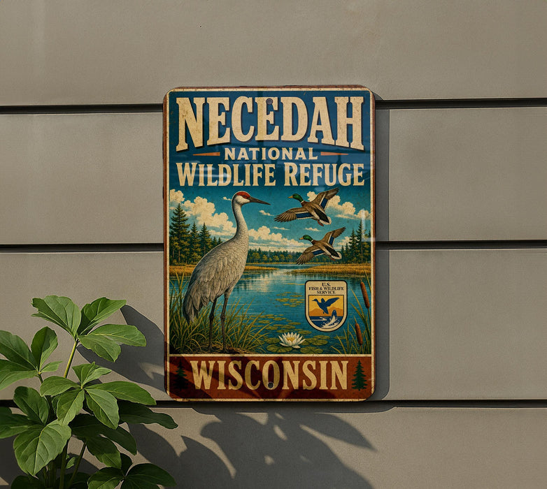 A vintage metal sign for the Necedah National Wildlife Refuge in Wisconsin, featuring a large bird and a serene landscape.