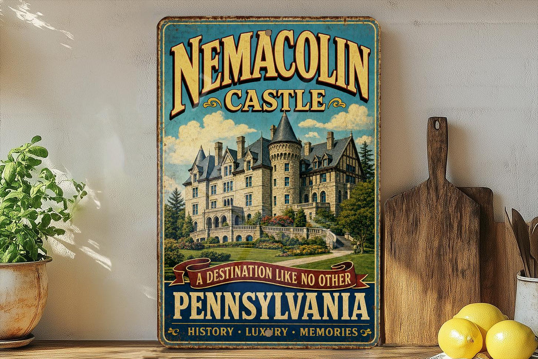A vintage-style sign for the Nemacolin Castle in Pennsylvania, featuring an illustration of the castle and the text "A DESTINATION LIKE NO OTHER PENNSYLVANIA HISTORY LUXURY MEMORIES".