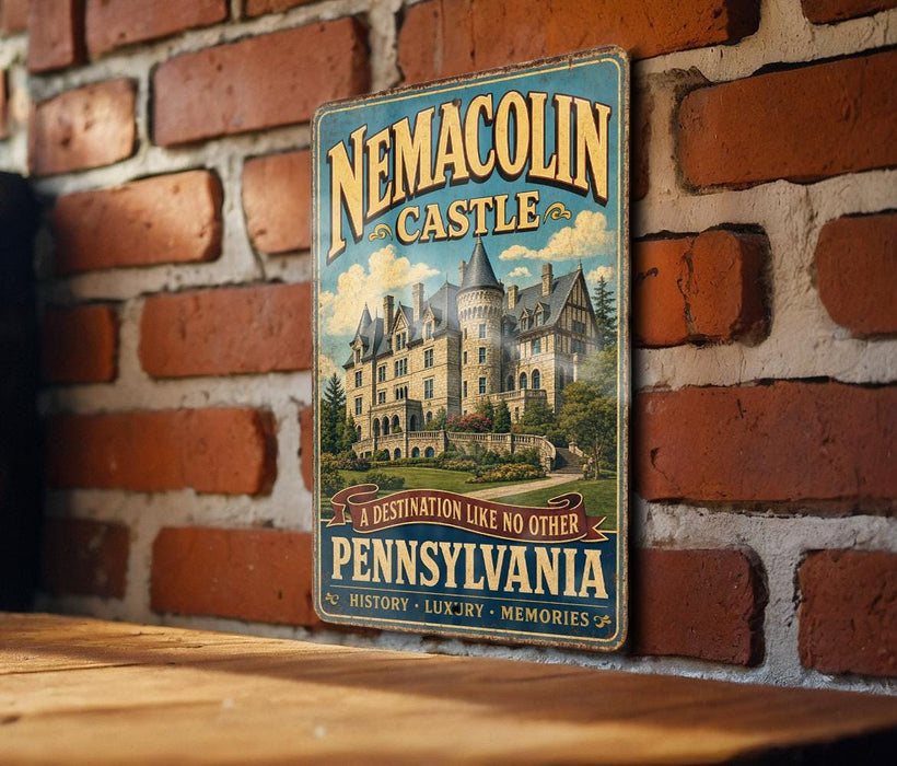 A vintage-style metal sign with the text "NEMACOLIN CASTLE" and "A DESTINATION LIKE NO OTHER PENNSYLVANIA" hangs on a brick wall.