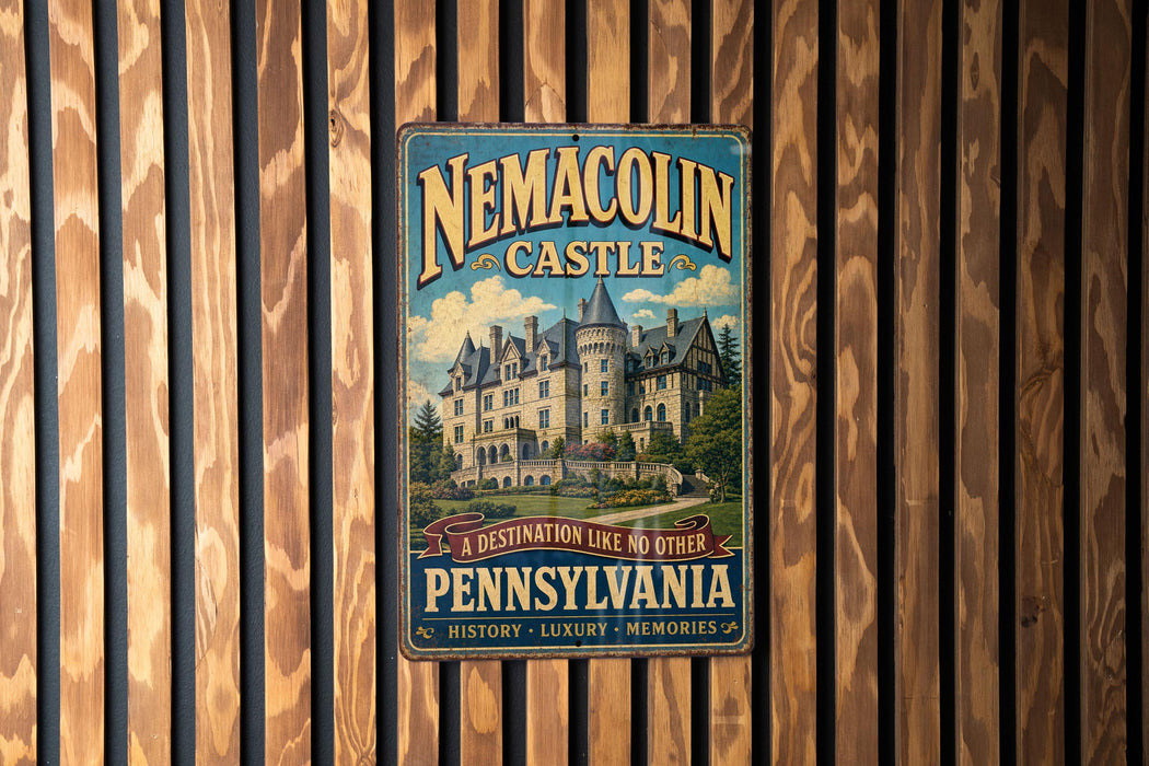 A vintage metal sign for the Nemacolin Castle in Pennsylvania, featuring an illustration of the castle and the text "A DESTINATION LIKE NO OTHER PENNSYLVANIA HISTORY LUXURY MEMORIES".