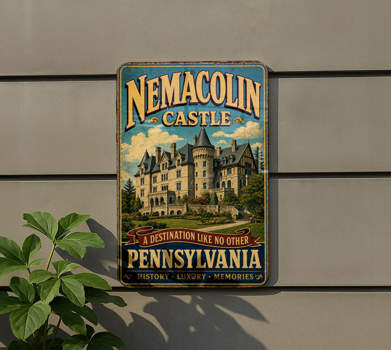 A vintage-style metal sign for the Nemacolin Castle in Pennsylvania, featuring an illustration of the castle and the text "A destination like no other PENNSYLVANIA"