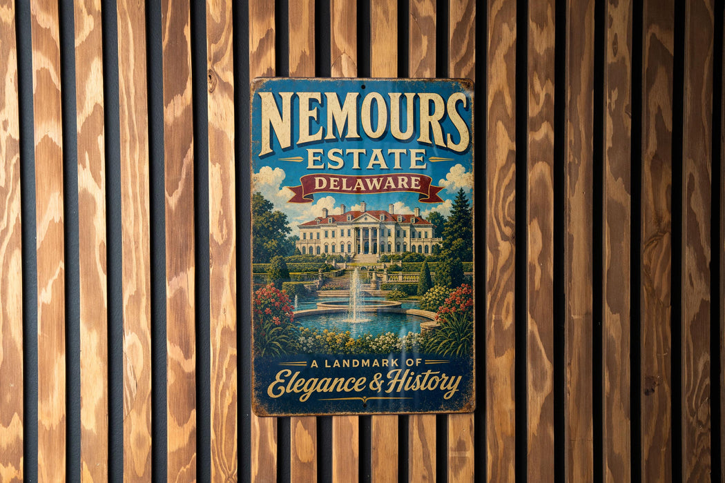 A vintage metal sign for Nemours Estate in Delaware, featuring an illustration of a grand mansion surrounded by lush gardens and a fountain.
