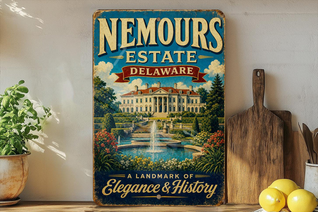 A vintage-style sign for Nemours Estate in Delaware, featuring a large illustration of a grand mansion surrounded by gardens and a fountain.